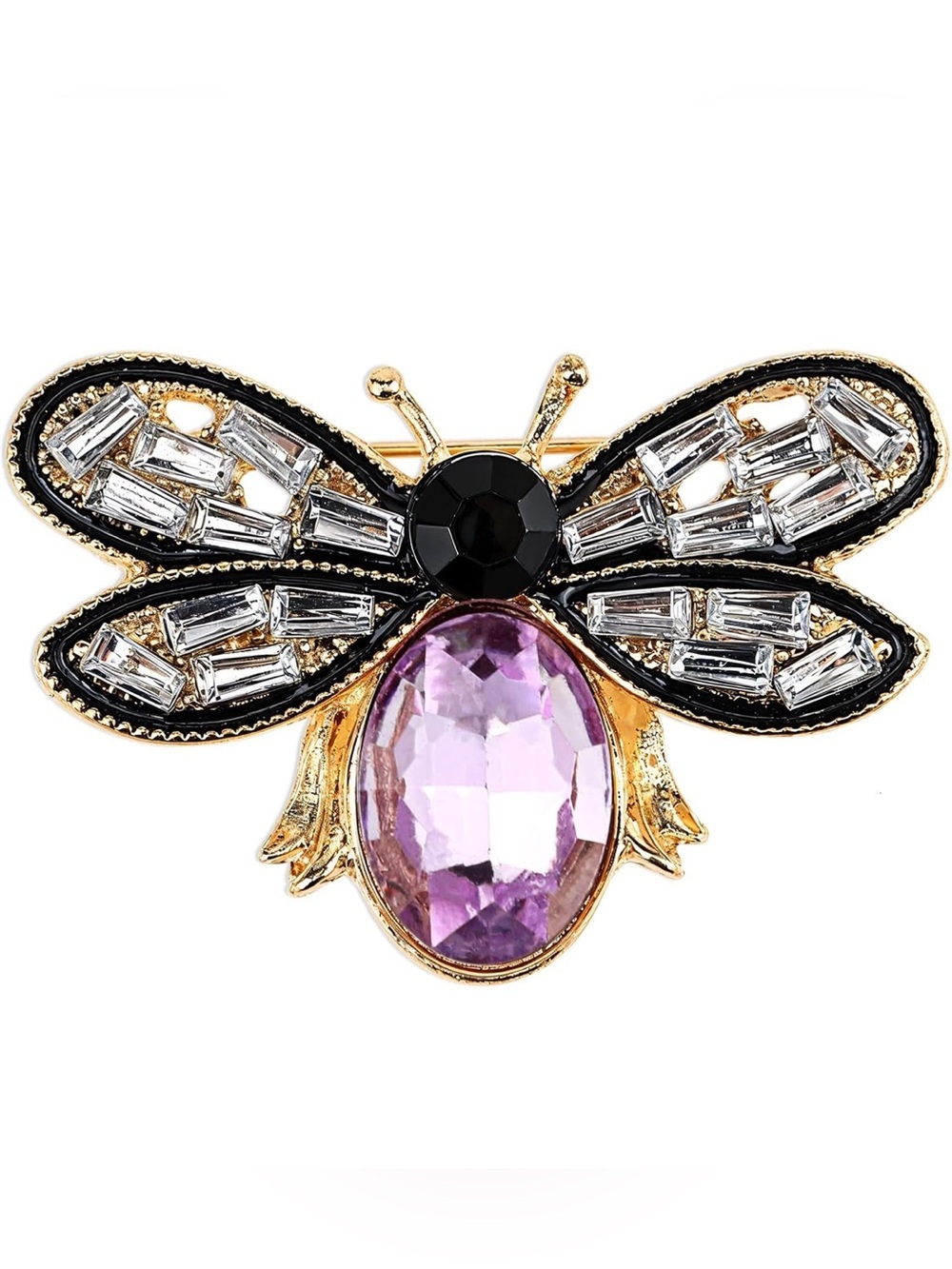 Honey Bee Gold Brooch with Purple Gem and Black Crystal Accents